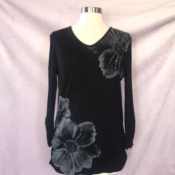 Vanilla Sugar Tops - Black Embellished Floral Print Long Sleeve Top